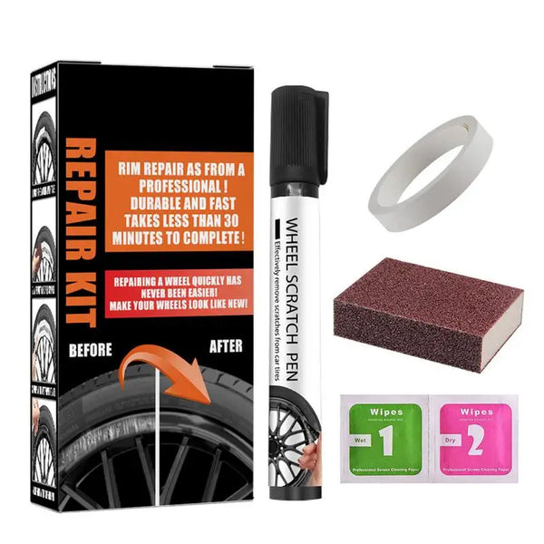 A kit for repairing rim repairs using a professional wheel scratch pen and wipes.
