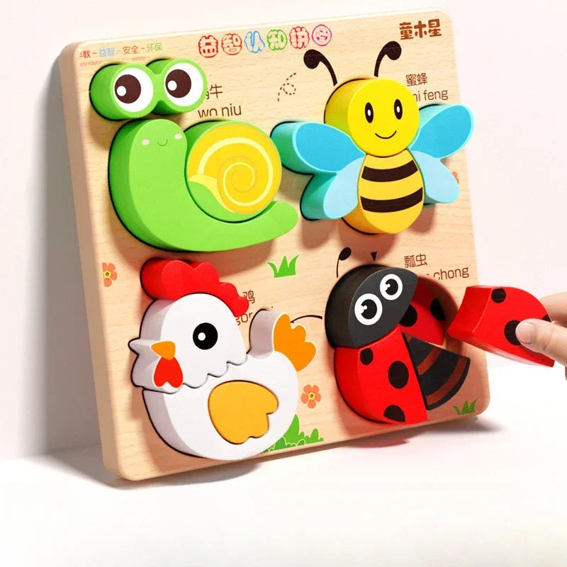 A wooden jigsaw puzzle featuring three animals: a green lizard, a yellow bee, and a white chicken.