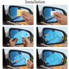 Installation steps showing a car mirror rain-proof film being applied to the exterior of a vehicle's side mirror.