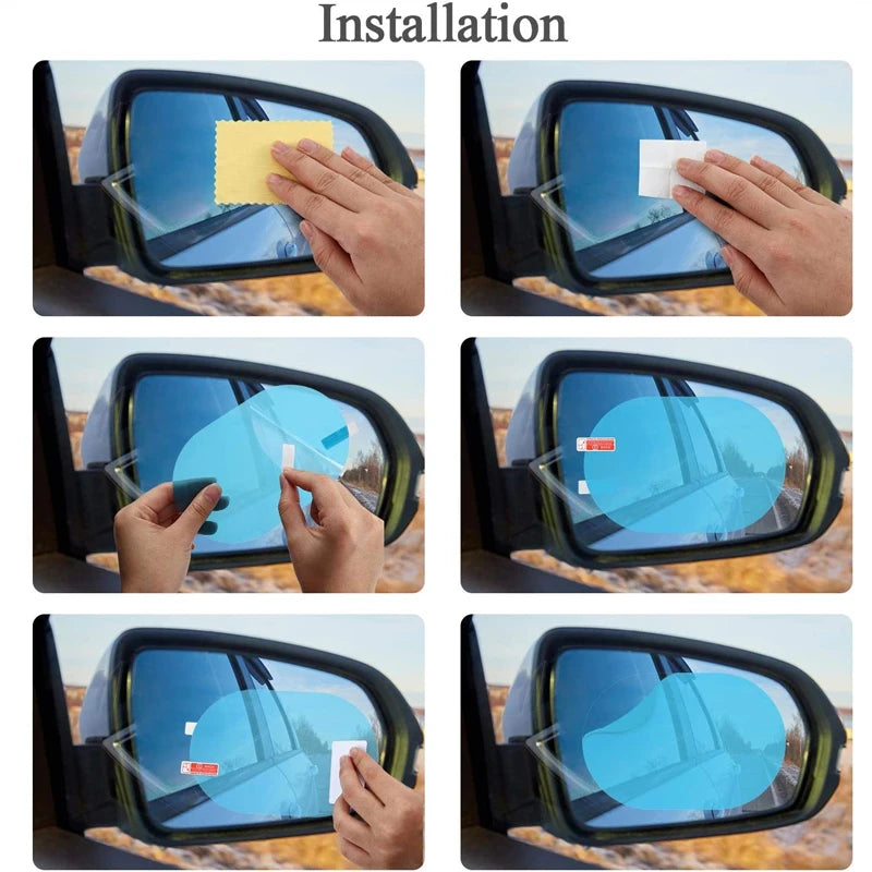 Installation steps showing a car mirror rain-proof film being applied to the exterior of a vehicle's side mirror.