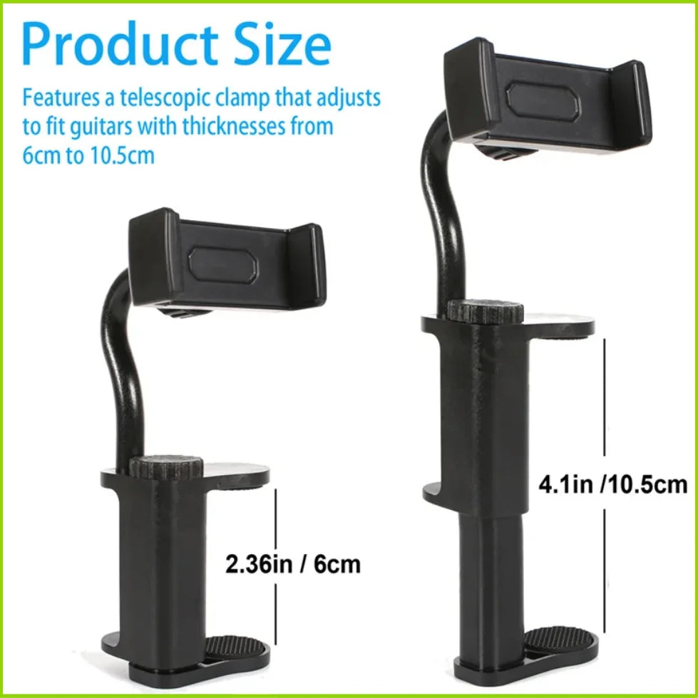 Black adjustable clamp mount for guitars and phones, showing various sizes.