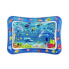 A blue inflatable baby water play mat filled with various colorful floating sea creatures and toys.