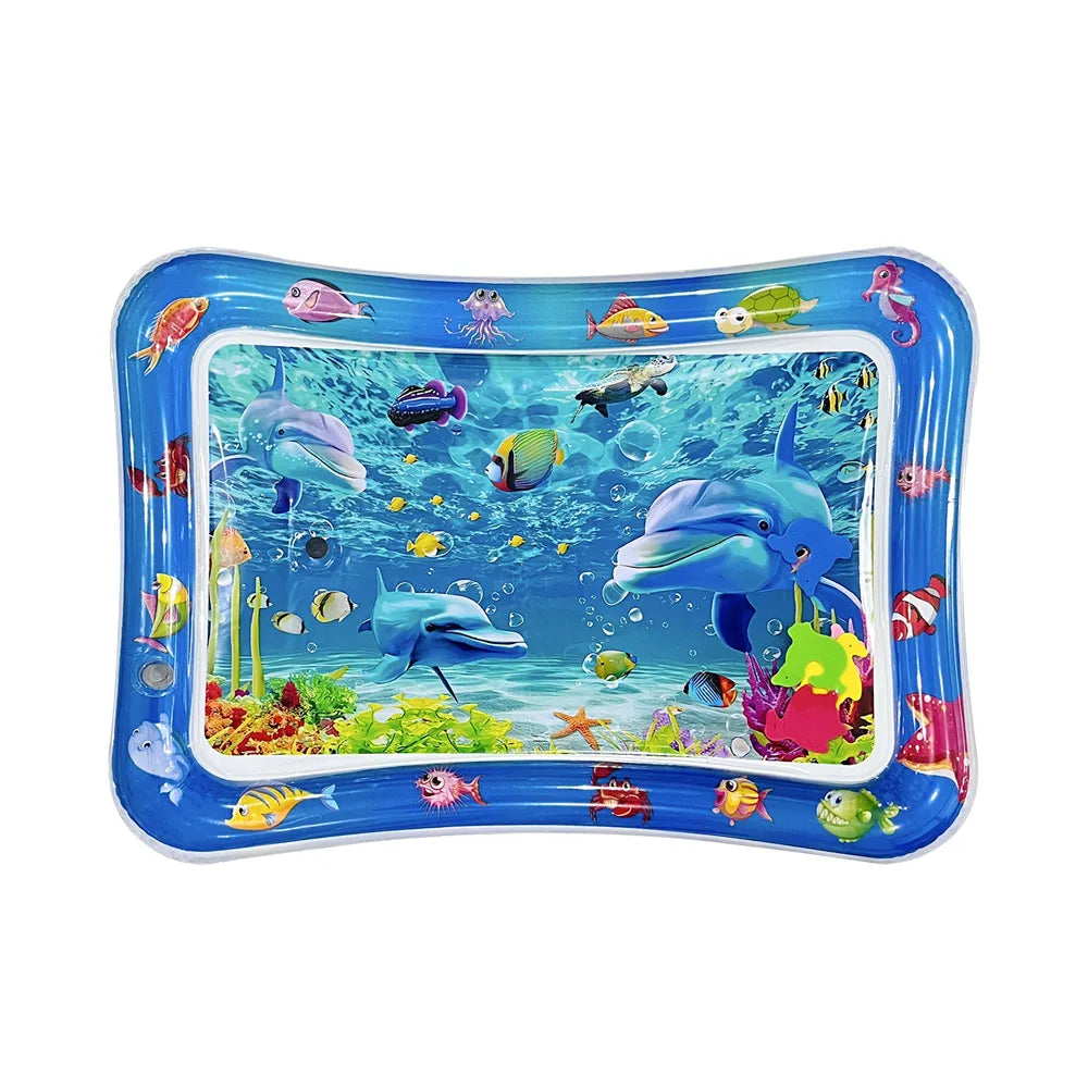 A blue inflatable baby water play mat filled with various colorful floating sea creatures and toys.