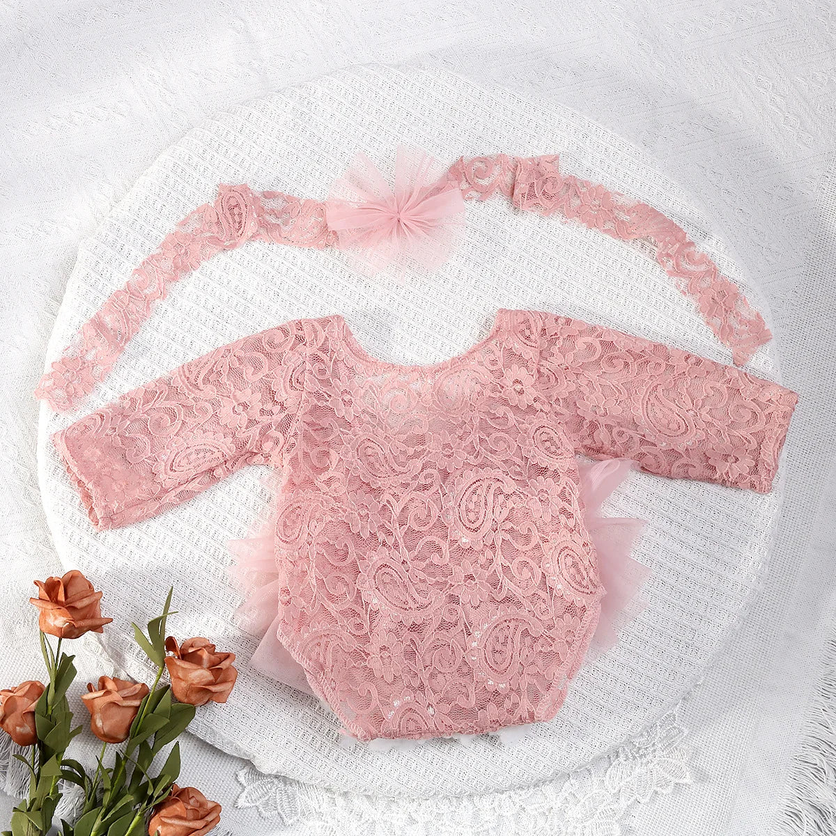 Newborn Knitted Lace Bodysuit Set with Puff Sleeves and Headband