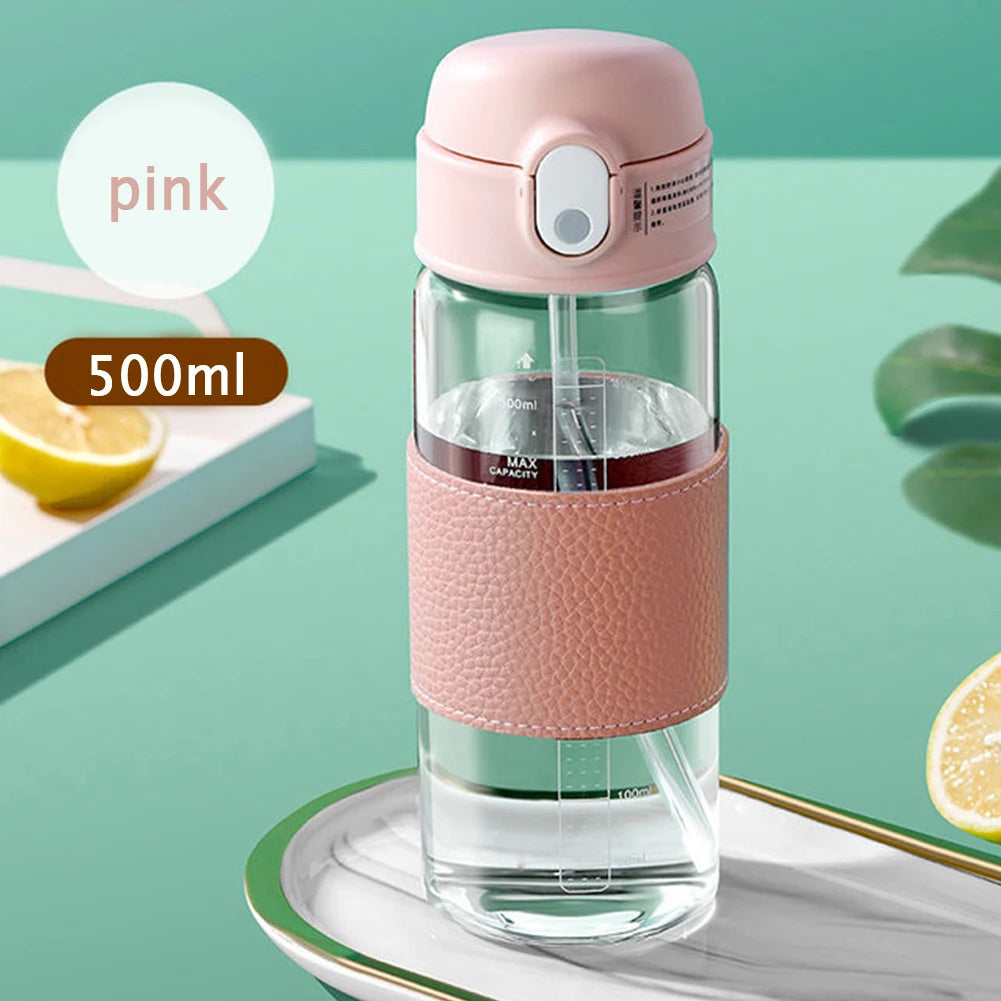 Portable Straw Water Bottle with Scale and Wide Mouth