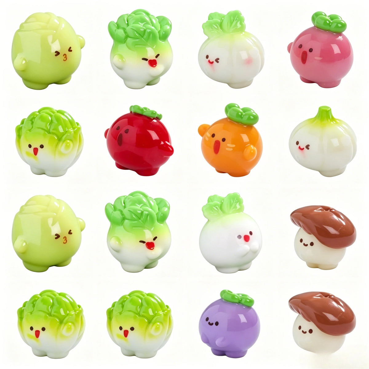 A collection of hand-painted resin vegetable figurines in various colors and shapes for fairy garden and home decor.