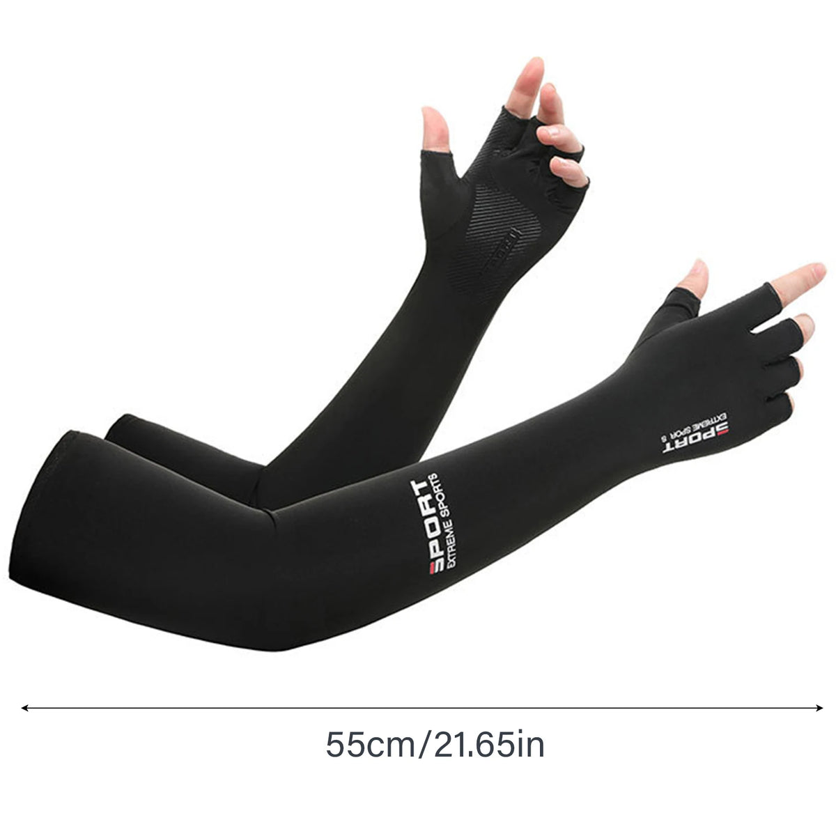 Black sports arm sleeves for UV protection shown flat lay view