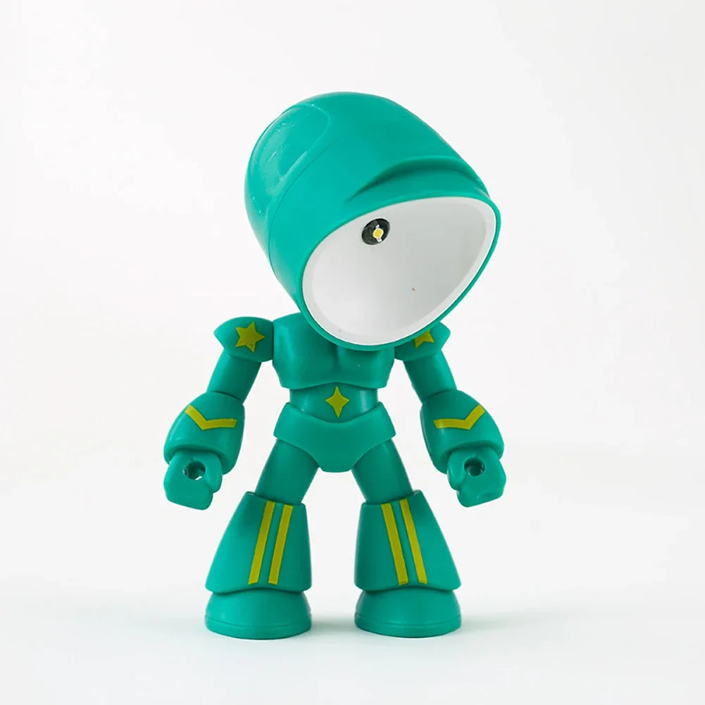 A green bendable robot night light with a translucent dome and yellow accents.