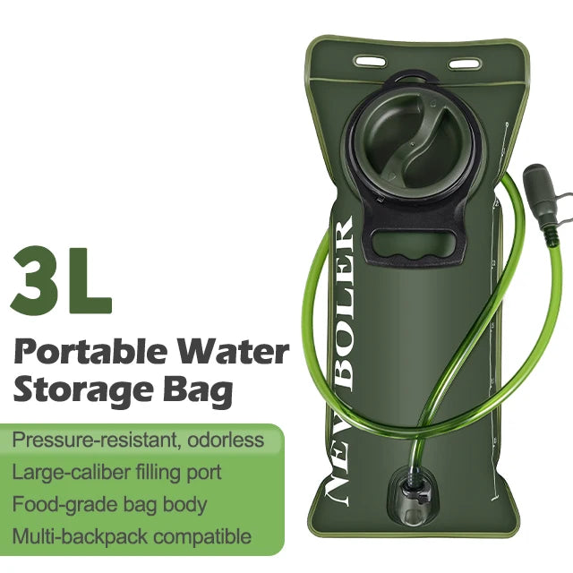 A green portable water storage bag with a black valve and hose, designed for multi-backpack compatibility.