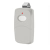 A white garage door remote control with a silver cap and a red indicator light.