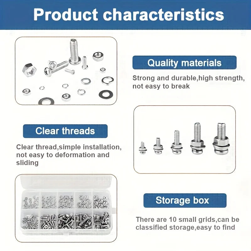 Produktmerkmal-Guide mit Qualitätsmaterialien, klaren Gewinden und einer Aufbewahrungsbox für metrische Sechskantschrauben un