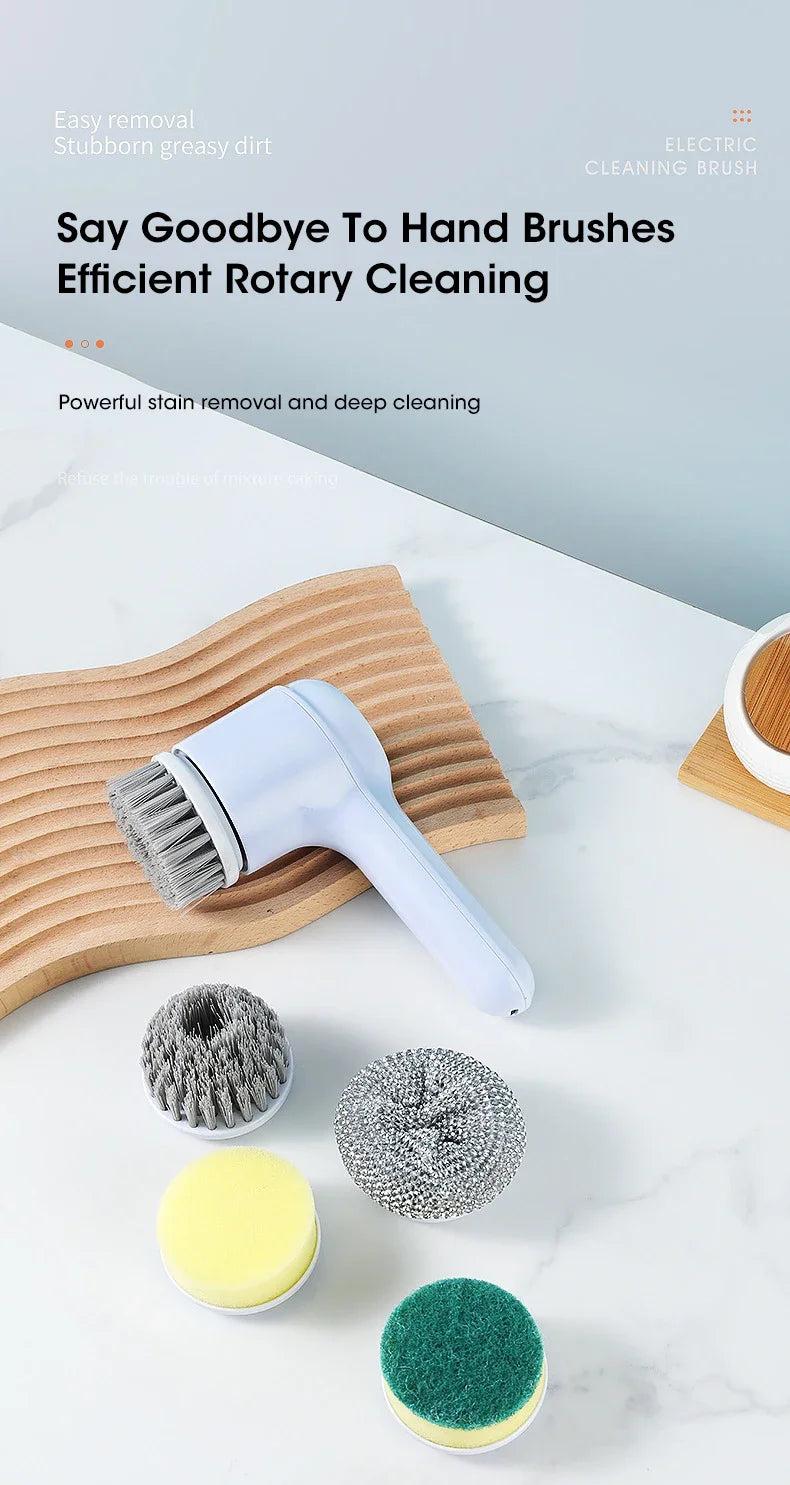 A cordless electric spin scrubber with five interchangeable brush heads is shown on a white marble surface.