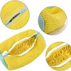 Yellow reusable mesh shoe washing bag shown in various angles