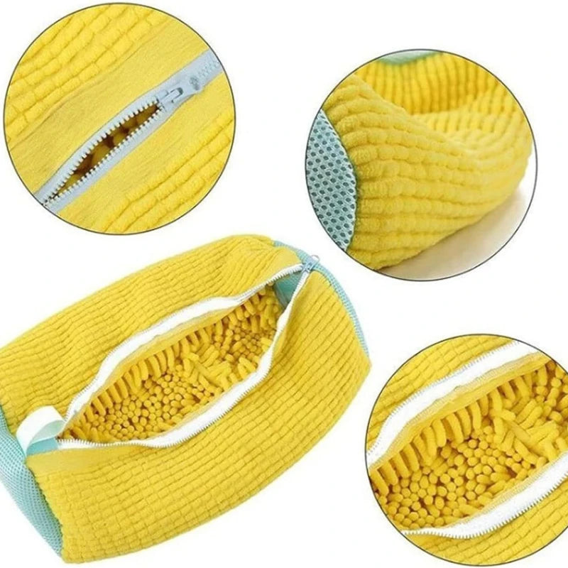 Yellow reusable mesh shoe washing bag shown in various angles