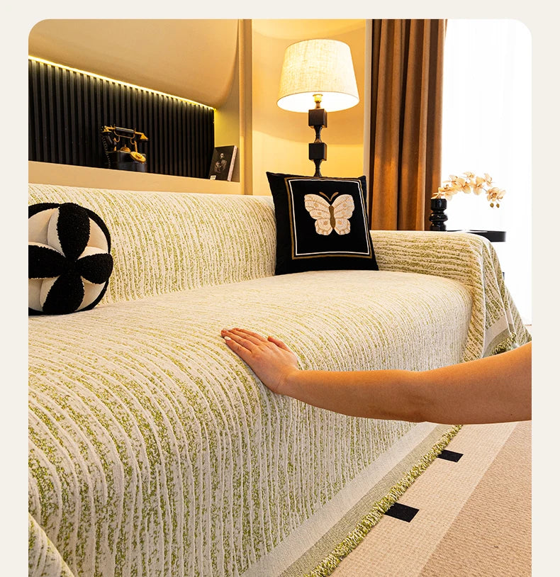 Thick Chenille Sofa Cover with Tassel Fringe — Scratch Resistant & Reversible
