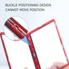 Close-up view of a red trading card display case showing a buckle positioning design that cannot move position.