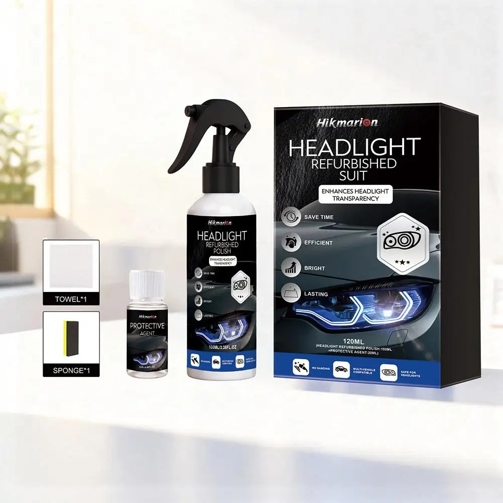 A black box and bottle of headlight refurbish suit with various cleaning tools displayed on a white surface.