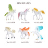 Mini set of six realistic animal figurines including a white horse, pink horse, yellow horse, white horse, orange horse, and 