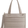 A beige multi-functional boxy tote bag with a handle and exterior pockets.
