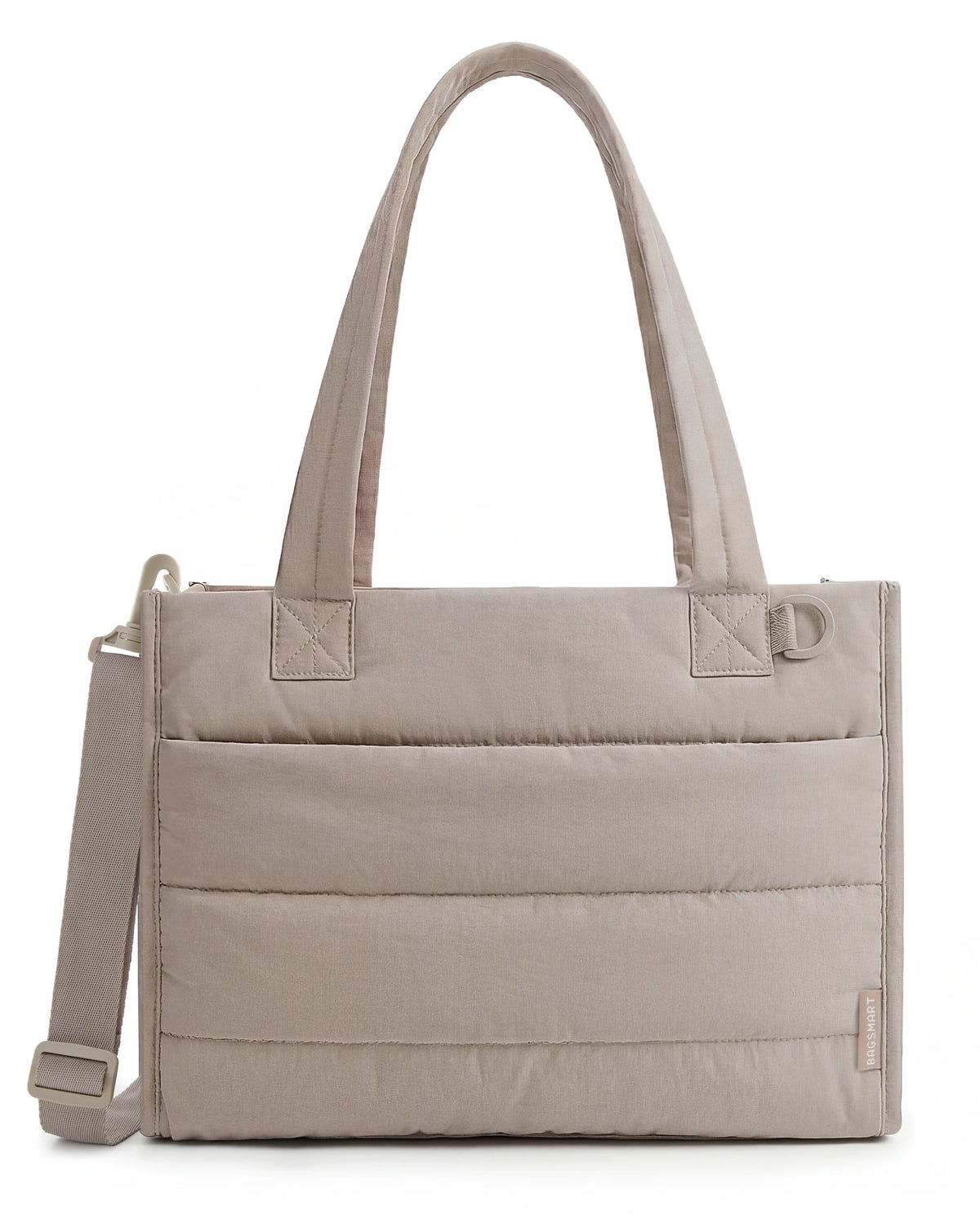 A beige multi-functional boxy tote bag with a handle and exterior pockets.