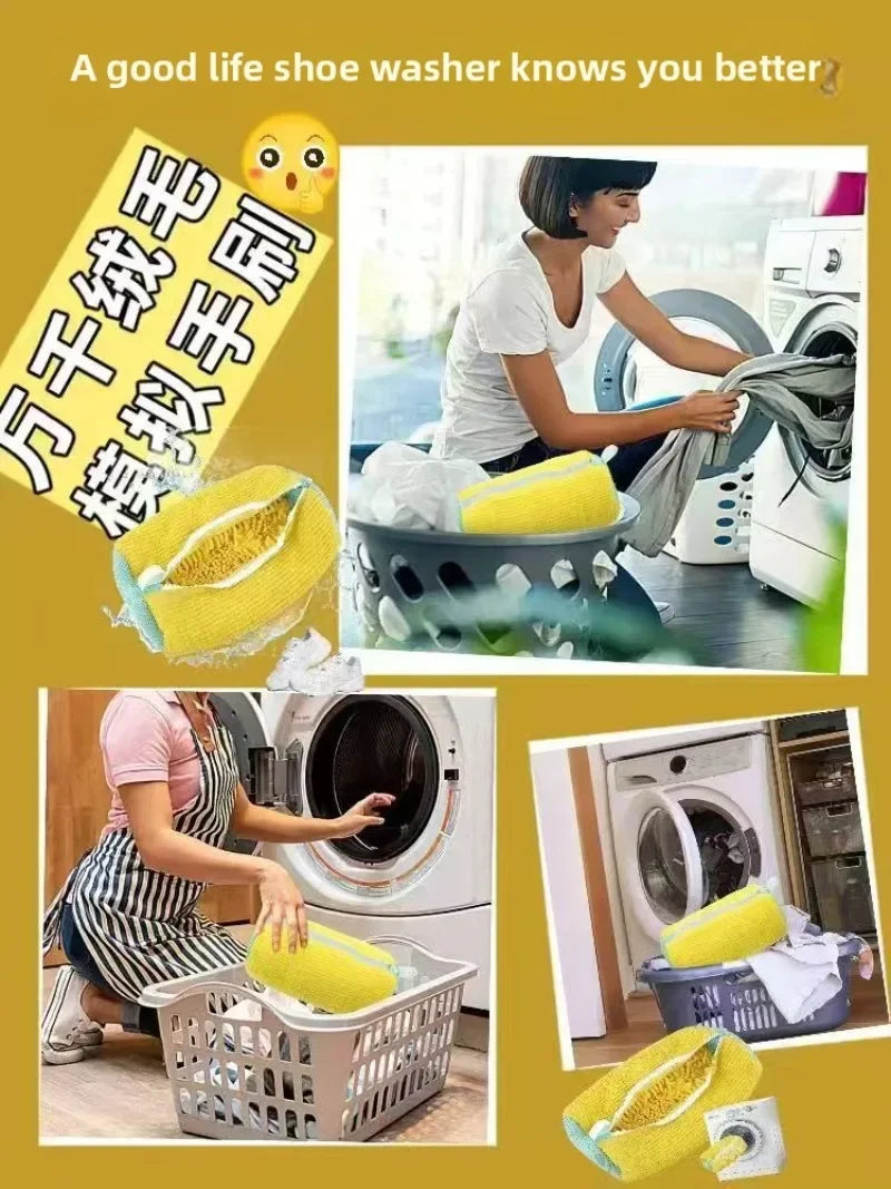 A reusable yellow shoe laundry bag with a bristled brush being washed in a white washing machine.