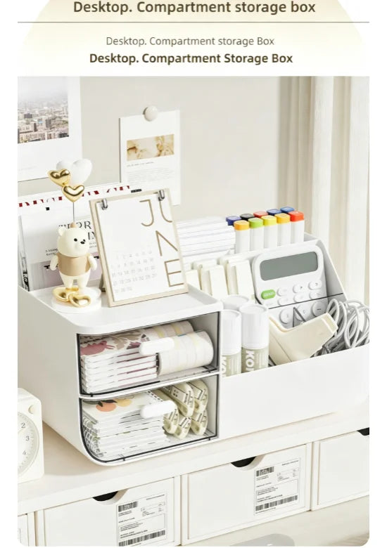 A white desktop compartment storage box with multiple transparent drawers and various office supplies.