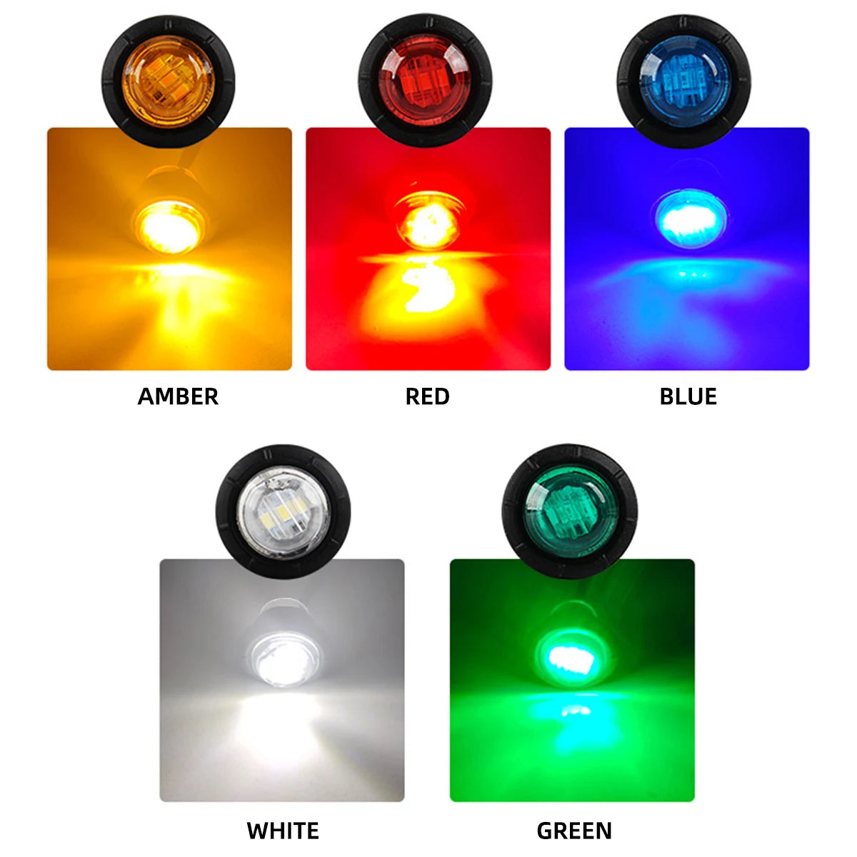 A display of various round LED side marker lights in amber, red, blue, white, and green colors.