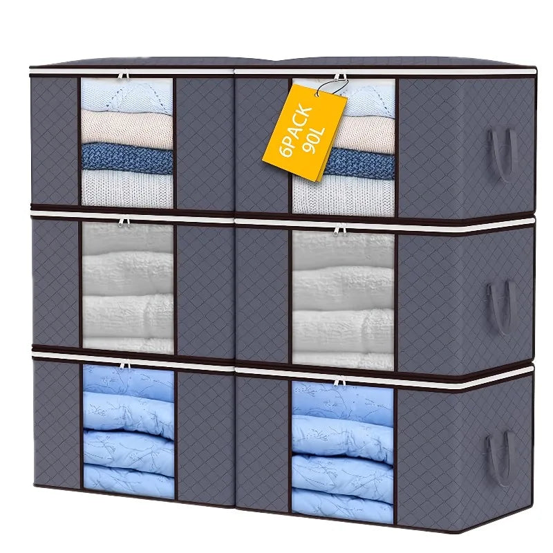 A set of six gray foldable storage bags with transparent windows for storing quilts, blankets, and seasonal clothing.