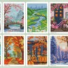 A grid of twelve colorful diamond art designs featuring seasonal and landscape scenes for a mini kit.