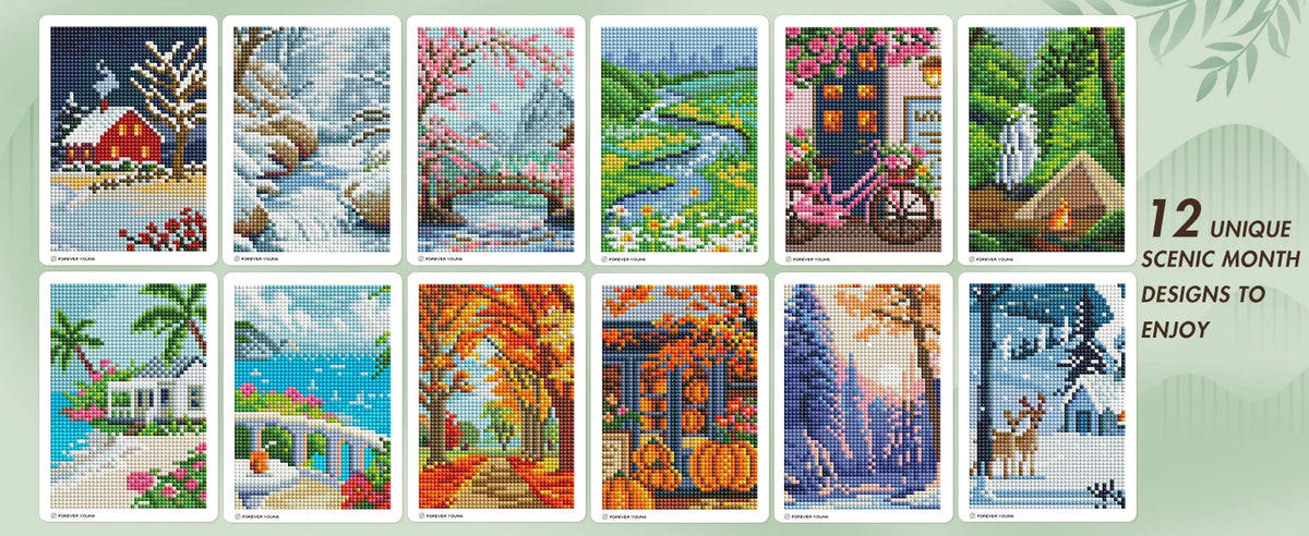 A grid of twelve colorful diamond art designs featuring seasonal and landscape scenes for a mini kit.