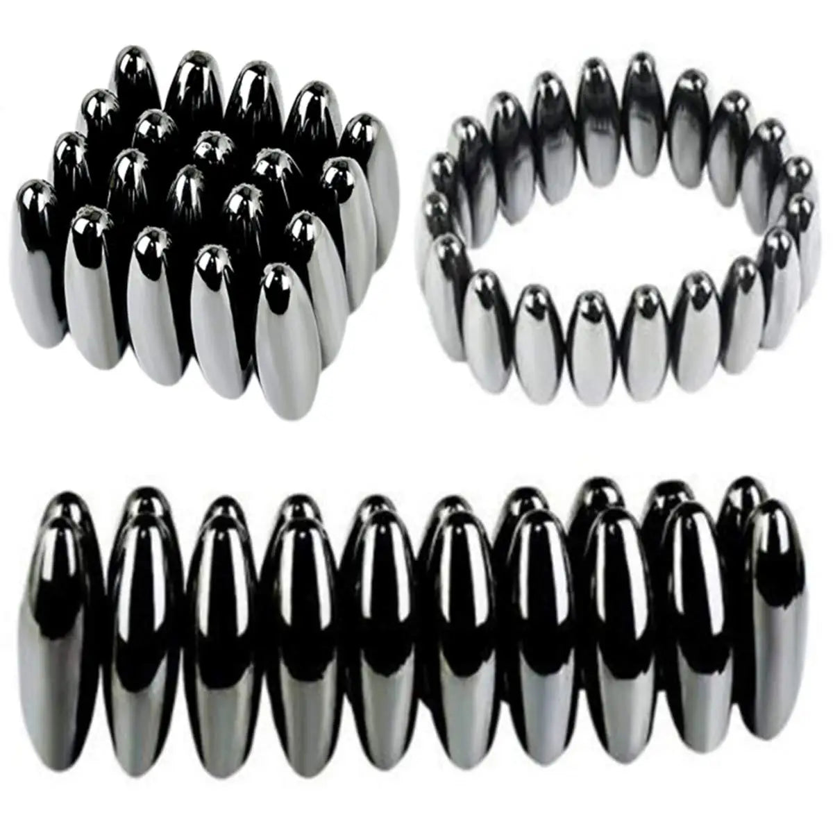 A set of black magnetic fidget balls displayed in various arrangements.