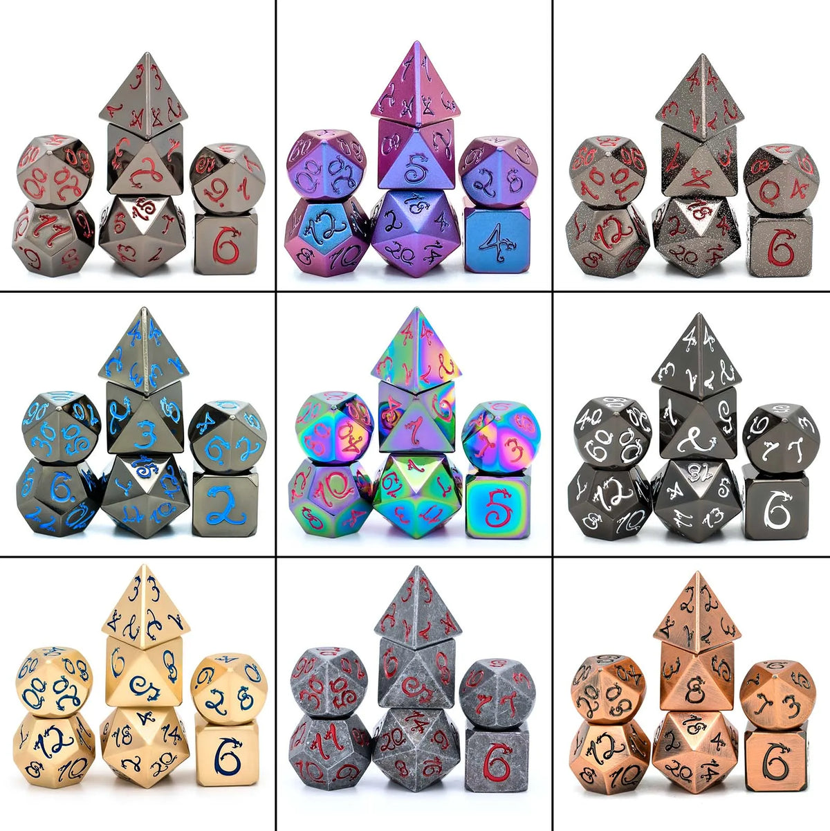 A set of seven metal polyhedral dice featuring a dragon font design in various colors and angles.