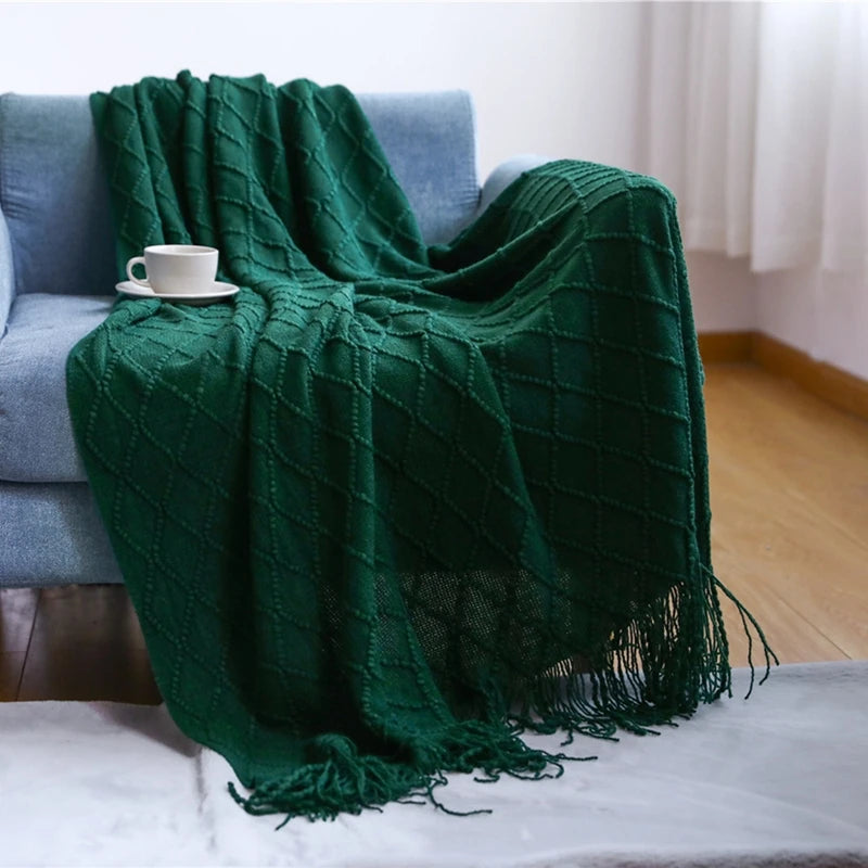 Khaki Knitted Throw Blanket with Tassels