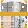 A silver safety lock with a cord is shown installed on various furniture doors and windows.