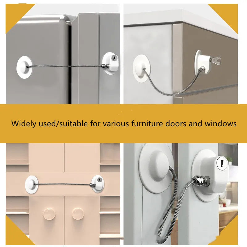 A silver safety lock with a cord is shown installed on various furniture doors and windows.