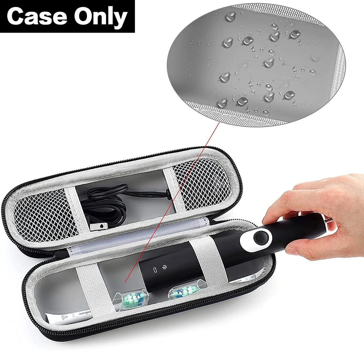 A clear protective shell and travel case for a toothbrush are shown, with the case open displaying the brush inside.