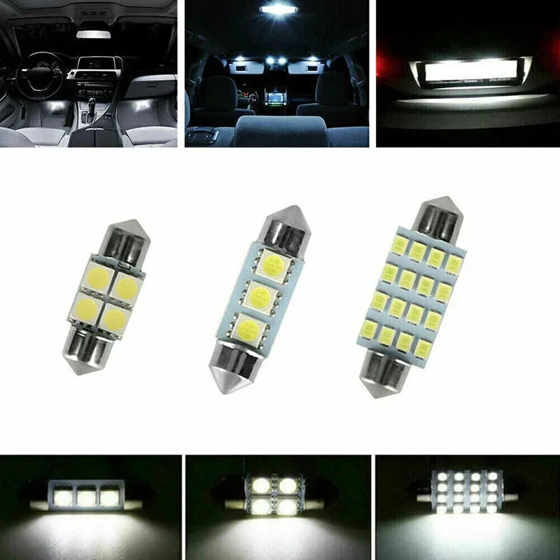 A set of automotive LED bulbs including T10, festoon dome, map, license plate, and trunk lights.