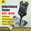 A black inductance tester device with a gold-colored probe and PCB shown on a white background.