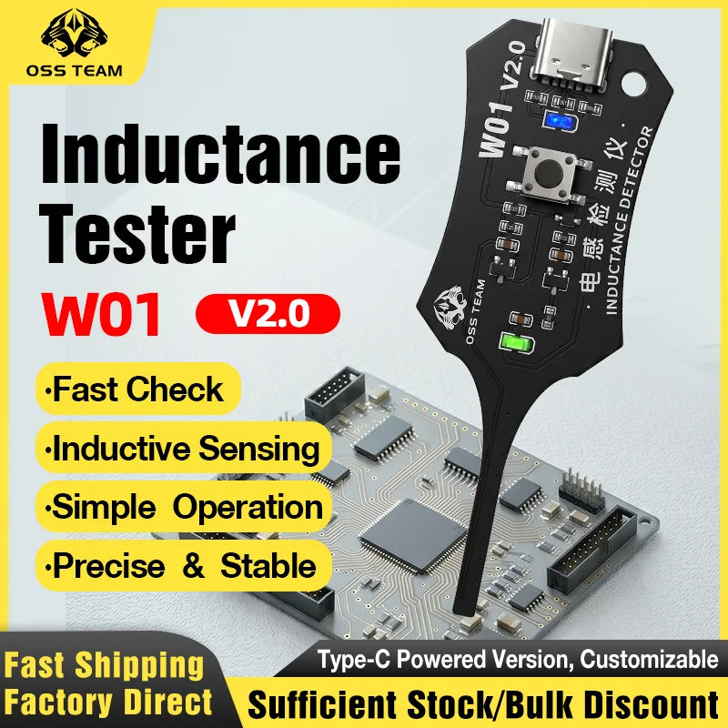 A black inductance tester device with a gold-colored probe and PCB shown on a white background.