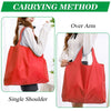 Red reusable grocery bag shown in carrying methods: Over Arm and Single Shoulder.