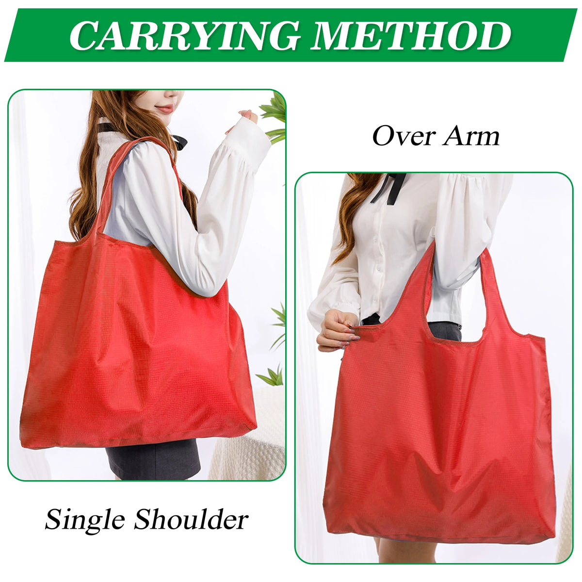 Red reusable grocery bag shown in carrying methods: Over Arm and Single Shoulder.