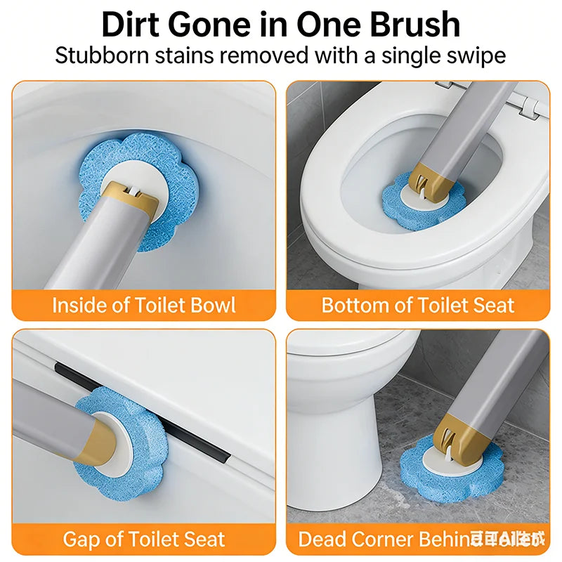 A set of disposable toilet brushes showing various angles for cleaning inside the bowl, under the seat, and corners.