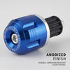 An anodized finish motorcycle racing handlebar end plug made of aluminum.