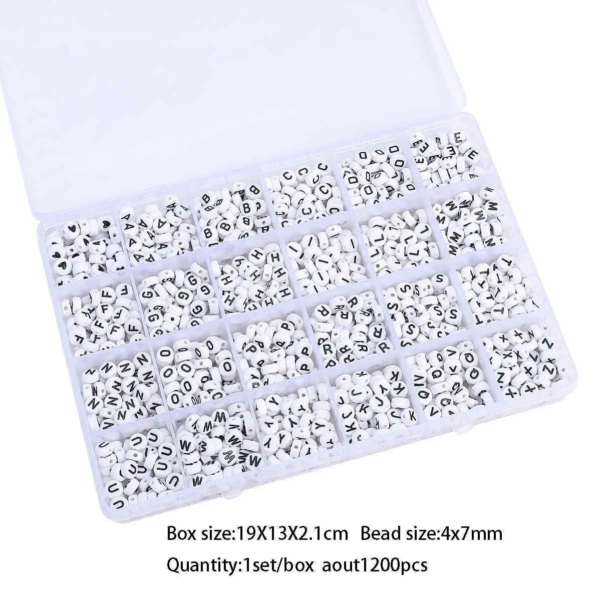 A white grid storage box filled with acrylic letter beads for jewelry making