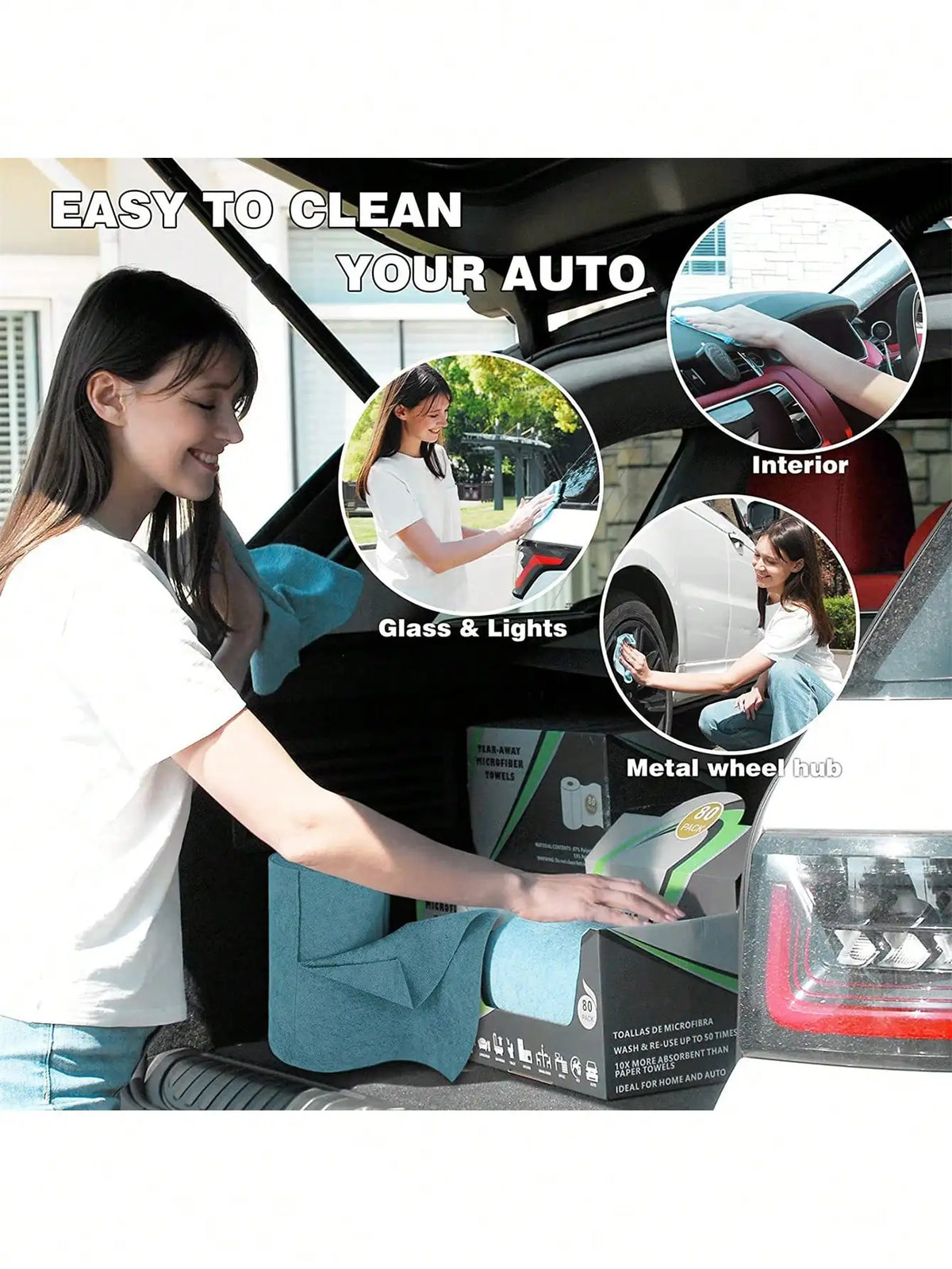 A woman cleans a car interior with a reusable ultra-fine fiber tear-off towel roll.