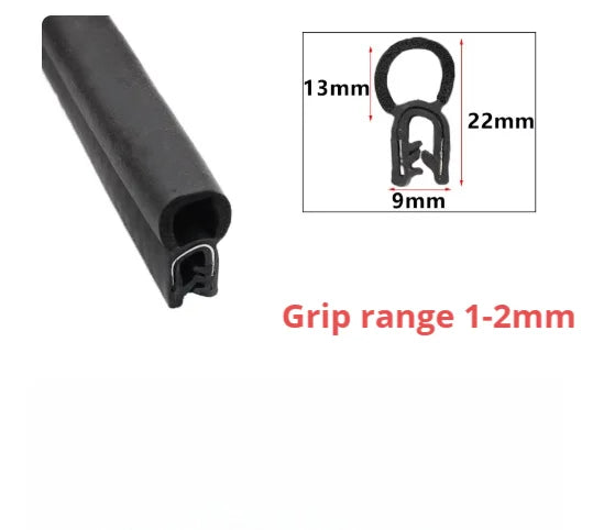 Black U-shaped EPDM rubber edge trim with dimensions 13mm, 22mm, and 9mm for grip range 1-2mm