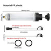 A clear plastic syringe pump with a black plunger and various sized tips for fluid transfer.