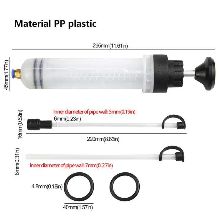 A clear plastic syringe pump with a black plunger and various sized tips for fluid transfer.