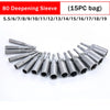 A collection of 80 depeening sleeve bits in various sizes (5.5 to 19mm) laid out for sale.