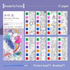 A picture book showing 12 pages of watercolor painting designs with illustrations and decorative elements.